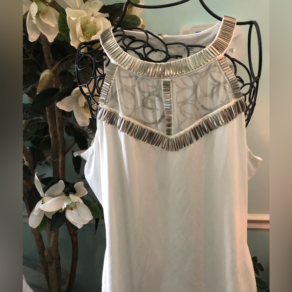 CACHE’ Embellished White Mesh Yoke Women's Top